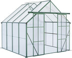 Double Sliding Door Polycarbonate Greenhouse with Rain Gutter and Roof Vent, Raised Base and Anchor Aluminum Heavy Duty Walk-in Green House, Outdoor Patio Sunroom (Green, 97.75*94.5*89.5in)