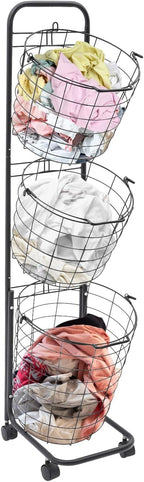 3 Tier Rolling Laundry Hamper with Removable Baskets,Foldable Metal Laundry Sorter Storage Trolley with Wheels,Ventilated Wire Basket Organizer for Bedroom,Bathroom,Kitchen,10.5 * 13 * 48.5inch