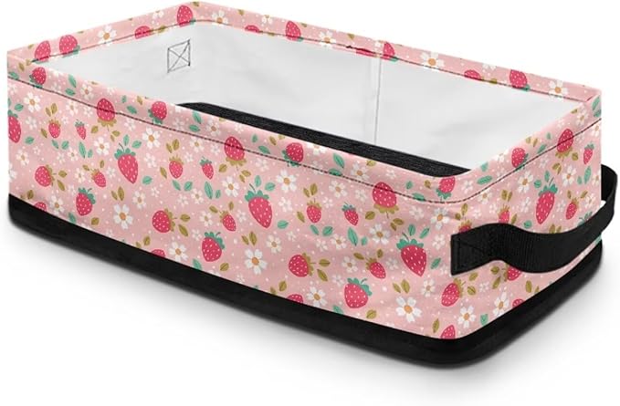 Storage Bin Organizer Collapsible Fabric Basket for Bathroom Kitchen Office Home Storage with Handles for Easy Carrying 13.89 x 7.13 x 4.37 Inch, Strawberry Flower Pink