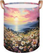 Spring Daisy Floral Collapsible Laundry Basket Large Laundry Hamper Waterproof Foldable Storage Bins Laundry Basket with Leather Handles Clothes Nursery Hampers