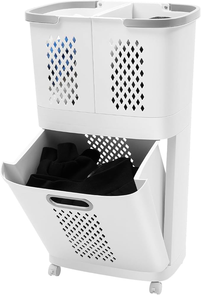 2-Layer Rolling Laundry Hamper Sorter, Multi-functional Clothes Separation Basket with Wheels Floor-Standing Plastic Laundry 3 Baskets for Home