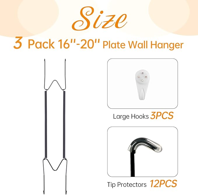 3 Pack Plate Hangers for The Wall, Suitable for 16-20 inch Art Plate, Stainless Steel Invisible Heavy Duty Wire Plate Holder with Wall Hooks, Plate Hangers for Displaying Plates, Platter, Dish, Black