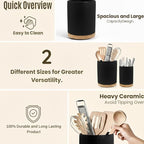 2 Pack Ceramic Utensil Holder, 7.3"+5.4" Large kitchen utensils holder for Countertop, 360° Rotating Cooking Utensil Crock for Kitchen Counter with Detachable Wooden Base, Kitchen Decor- Black
