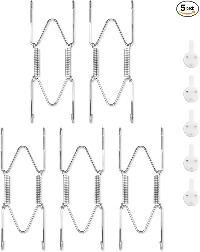5 Pack Plate Hangers for The Wall, Suitable for 4-5 inch Art Plate, Stainless Steel Invisible Heavy Duty Wire Plate Holder with Wall Hooks, Plate Hangers for Displaying Plates, Platter, Dish, Silver