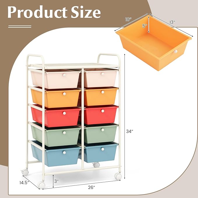 RELAX4LIFE Rolling Storage Cart with 10 Drawers - Craft Storage Cart with Lockable Wheels,Utility Cart, Art Cart Organizer for Crafting Storage, Studio, Office, Home, School Rolling Drawer Cart