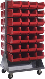 Quantum Storage Systems QMD-36H-240RD Mobile Double Sided Gray Louvered Rack System with Bins, 36” L x 25” W 72” H, Red