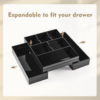 1 Pcs Acrylic Desk Drawer Organizer 9'' up to 18'' x 12'' x 2.1'' Expandable Drawer Organizer Trays with 8 Adjustable Compartments Black Desk Accessories for Makeup Office Bathroom