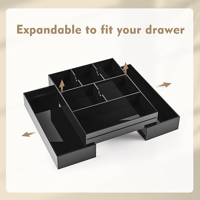 1 Pcs Acrylic Desk Drawer Organizer 9'' up to 18'' x 12'' x 2.1'' Expandable Drawer Organizer Trays with 8 Adjustable Compartments Black Desk Accessories for Makeup Office Bathroom
