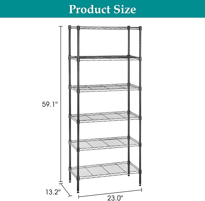 PayLessHere | 6-Tier Wire Shelf | 23"x13"x59" | Black | Adjustable Racks | Heavy-Duty Storage Shelves, Holds Upto 1500 lbs | Rust-Resistant, No-Tool Assembly | for Home, Garage Shelving