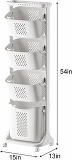4-Tier Laundry Hamper Sorter, Laundry Storage Organizer with Wheels Removable Rolling Laundry Baskets, Bathroom Cart for Dirty Clothes, White