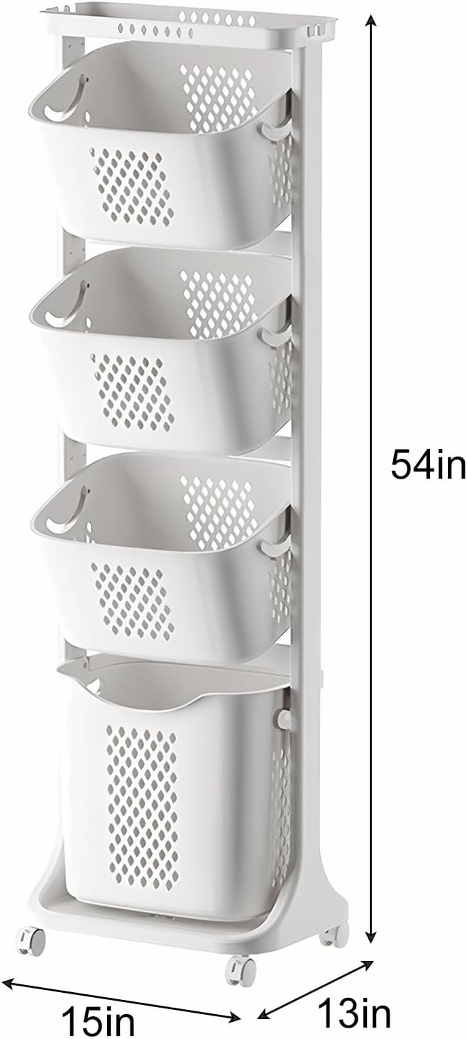 4-Tier Laundry Hamper Sorter, Laundry Storage Organizer with Wheels Removable Rolling Laundry Baskets, Bathroom Cart for Dirty Clothes, White