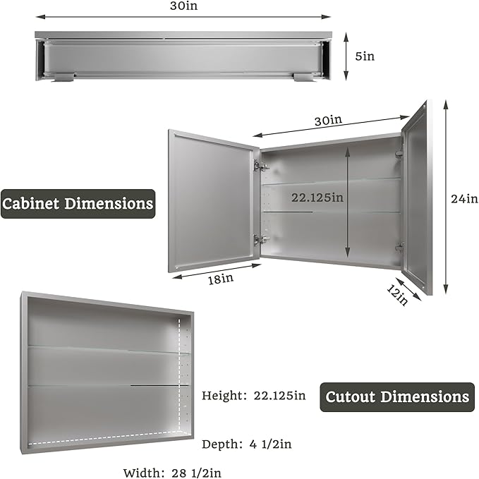 30x24 Bathroom Medicine Cabinet with Mirror,Aluminum Alloy Frame with Mirror Side Panels,Surface or Recessed Medicine Cabinet with Adjustable Shelves,Assembly Required
