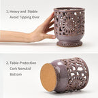Farmhouse Kitchen Utensil Holder for Countertop, Ceramic Large Cooking Utensil Crock with Cork Mat, Decorative Rustic Utensil Holder for Kitchen Counter, Hollow Carving Flower, Purple