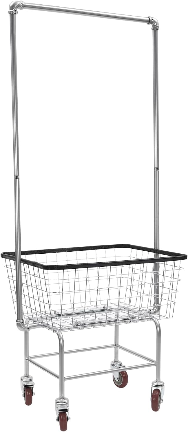 Steel Wire Laundry Cart with Wheels, Heavy Duty Rolling Laundry Basket with Hanging Rack, Large Metal Storage Cart for Laundry, Clothes, Towels, Bathroom, Commercial Laundry Organizer (Style1)
