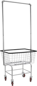Steel Wire Laundry Cart with Wheels, Heavy Duty Rolling Laundry Basket with Hanging Rack, Large Metal Storage Cart for Laundry, Clothes, Towels, Bathroom, Commercial Laundry Organizer (Style1)