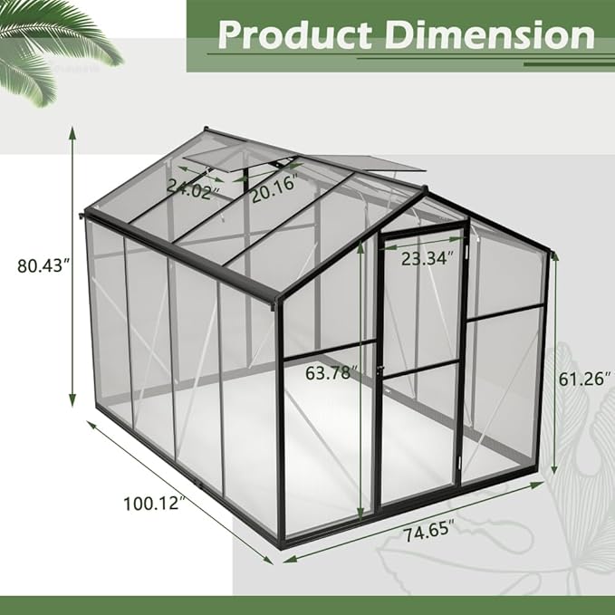 Heavy-Duty Polycarbonate Greenhouse with Double Flush Door, Rain Gutter & Adjustable Ventilation Window for Garden, Backyard or Sunroom Use (6x8 FT)