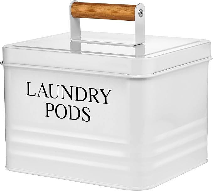 Calindiana Modern Farmhouse Metal Laundry Pods Holder Container with Lid for Laundry Room Decor and Accessories and Space Saving Organization and Storage, Holds 81 Laundry Pods, White