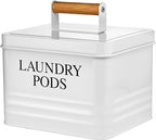 Calindiana Modern Farmhouse Metal Laundry Pods Holder Container with Lid for Laundry Room Decor and Accessories and Space Saving Organization and Storage, Holds 81 Laundry Pods, White