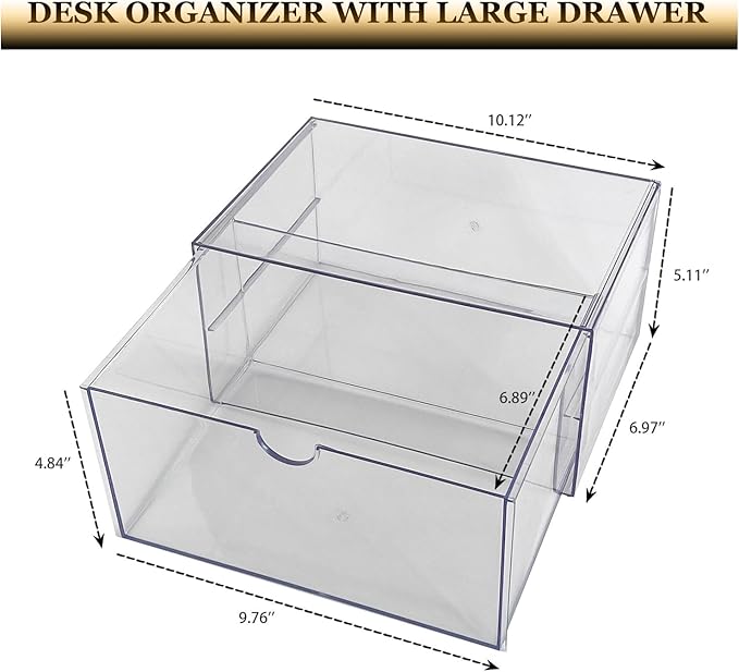 Clear Desk Organizers and Accessories, 2 Pack Plastic Drawer Organizer for Office Supplies, Marker Pen, Art Crafts, Stationery, Coffee Pods, Stackable Home Storage (2 Drawers)