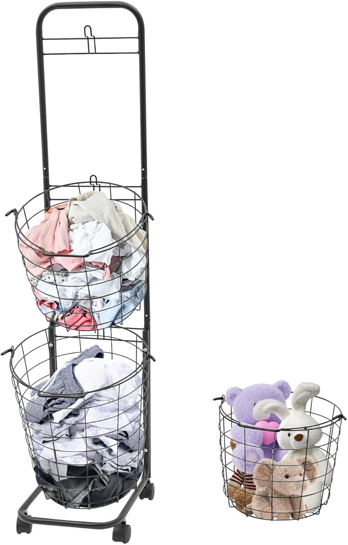 3 Tier Rolling Laundry Hamper with Removable Baskets,Foldable Metal Laundry Sorter Storage Trolley with Wheels,Ventilated Wire Basket Organizer for Bedroom,Bathroom,Kitchen,10.5 * 13 * 48.5inch