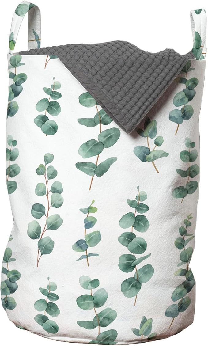 Ambesonne Eucalyptus Laundry Bag Pack of 2, Watercolor Inspired Painting of Forest Leaves and Branches Garden Art, Hamper Basket with Handles Drawstring Closure, 13" x 19", Laurel Green