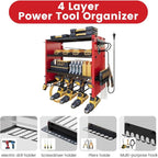 4 Layers Power Tool Organizer Wall Mount with Power Strip, Heavy Duty Metal Tool Shelf, 400lbs Capacity for Cordless Drills, Batteries & Garage Storage (4 Slots with 2 Outlets Power Strip)