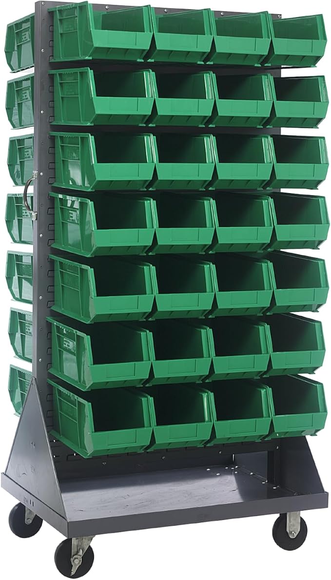 Quantum Storage Systems QMD-36H-240GN Mobile Double Sided Gray Louvered Rack System with Bins, 36” L x 25” W 72” H, Green