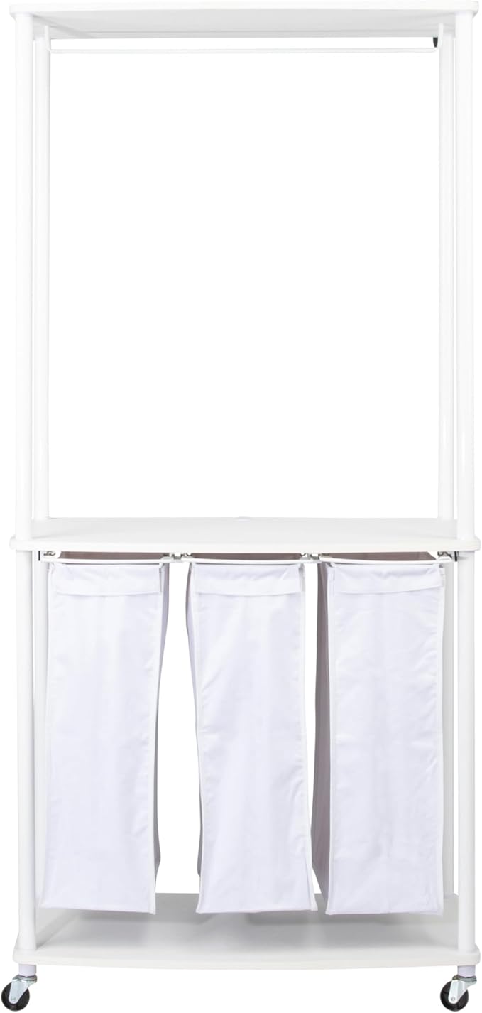 Household Essentials 3-Bag Laundry Center, Smooth Laminate Shelving, Sturdy Steel Frame, White