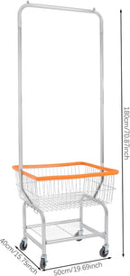 70"H Laundry Cart, Rolling Laundry Basket with Hanging Rack & Wheels, Metal Steel Wire Clothes Hamper with Storage Shelf for Homes, Hotels, Bathrooms & Commercial Laundry, 110lbs Capacity (C)
