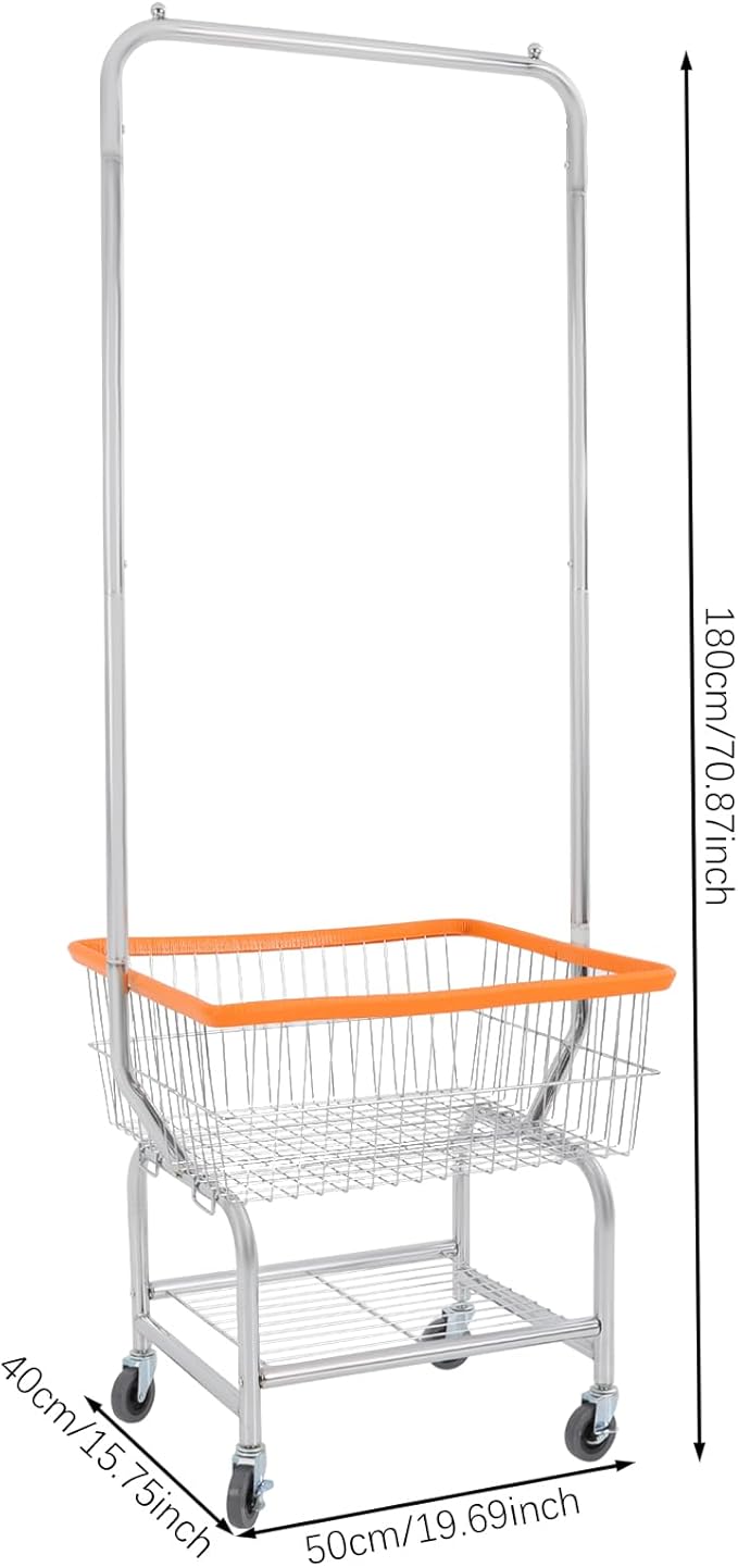 70"H Laundry Cart, Rolling Laundry Basket with Hanging Rack & Wheels, Metal Steel Wire Clothes Hamper with Storage Shelf for Homes, Hotels, Bathrooms & Commercial Laundry, 110lbs Capacity (C)