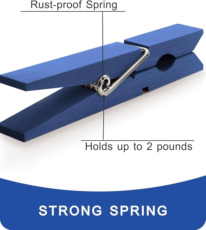 Blue Clothes Pins, Colored Wooden Clothespins for Baby Shower Game, Wreath, Crafts, Strong Grip Close Pins Birchwood Clips Clothespin Clothing Pegs for Hanging Clothing Photos, 2.83 Inch, Pack of 50