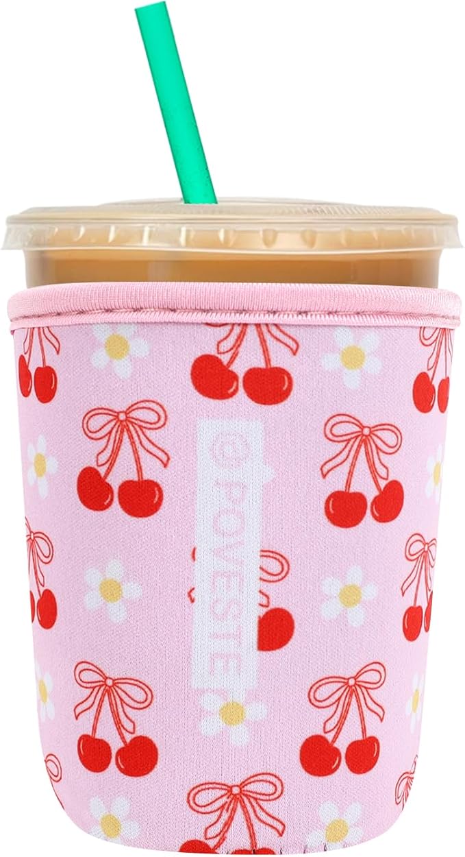 Reusable Neoprene Insulator Sleeve for Iced Coffee & Cold Soda, Coffee Sleeves for Iced & Hot Drinks, Cold Beverage Cooler Compatible with Starbucks, Dunkin (Cherry Bomb, Small: 16-18oz)