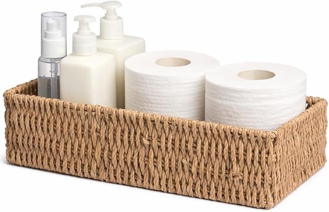 Seagrass Toilet Paper Storage Basket for Bathroom, Handwoven Natural Rattan Organizer for Countertop, Shelves & Vanity, Small Wicker Basket, 14.9"L x 6.3"W x 4.7"H