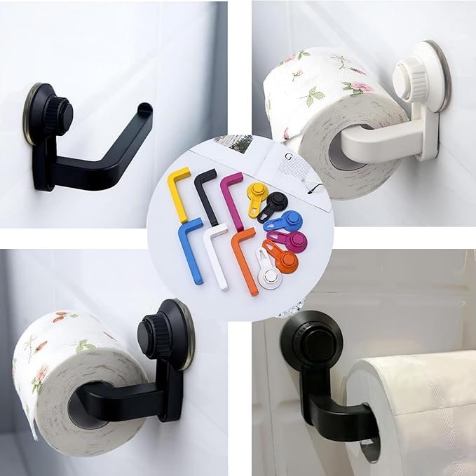 Suction Cup Toilet Paper Holder Wall Mount, Matte Black ABS Tissue Roll Dispenser, No-Drill Self-Adhesive Paper Towel Rack for Bathroom, Kitchen & Laundry Room with Strong Vacuum Grip