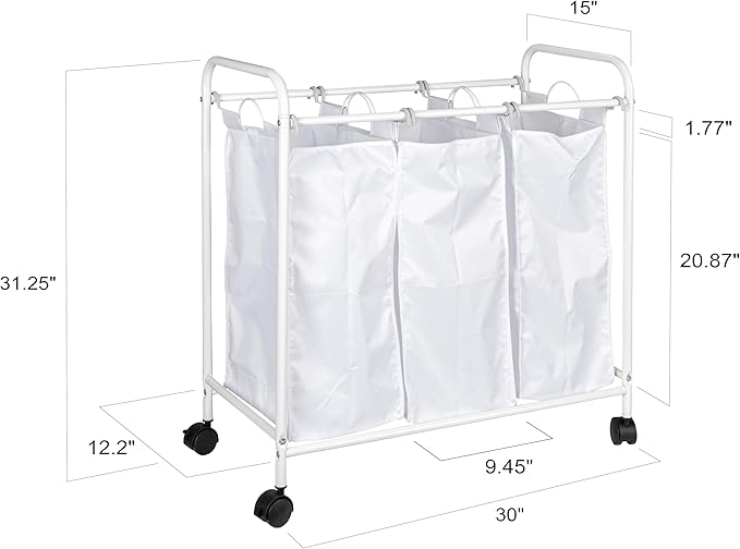 Household Essentials Rolling Triple Laundry Sorter, White