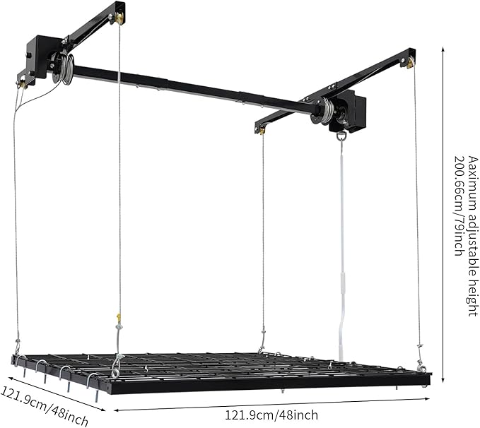Overhead Garage Storage Rack, 4x4Ft Ceiling Storage Lift 79in Adjustable Height Garage Storage Organization Systerm, Heavy Duty Metal Garages Ceiling Storage Racks, 300lbs Load Capacity (Matte Black)