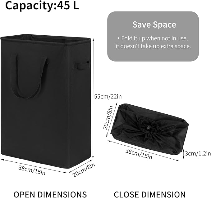 Chrislley 45L Slim Laundry Hamper Narrow Laundry Basket with Handle Foldable Dirty Clothes Portable Skinny Hamper Organizer Storage Bins (22 inches, black)