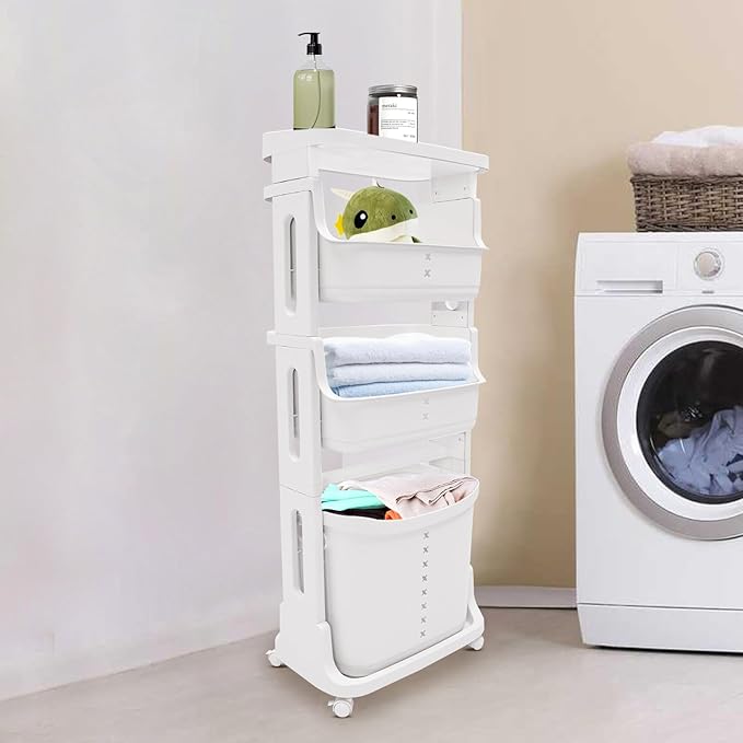 4-Layer Laundry Basket,PP Laundry Basket System Vertical Laundry Sorter with Wheel,Rolling Storage Holder Cart for Laundry Rooms, Bathrooms, Toilets (White)