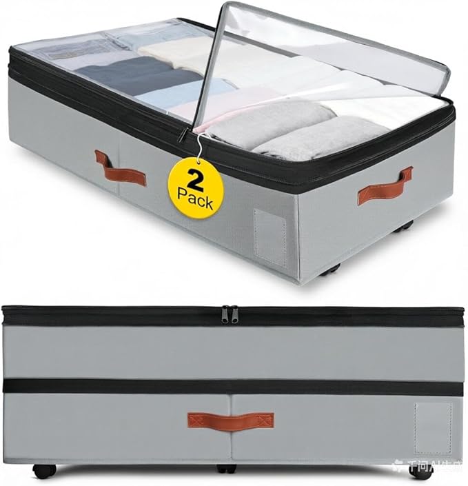 2 Pack Under Bed Storage with Wheels, Adjustable-Height Rolling Storage Containers with Clear Lids, 76L XXL Durable Underbed Organizer Bins for Clothes, Shoes, Blankets, Bedroom, Dorm, Closet - Gray