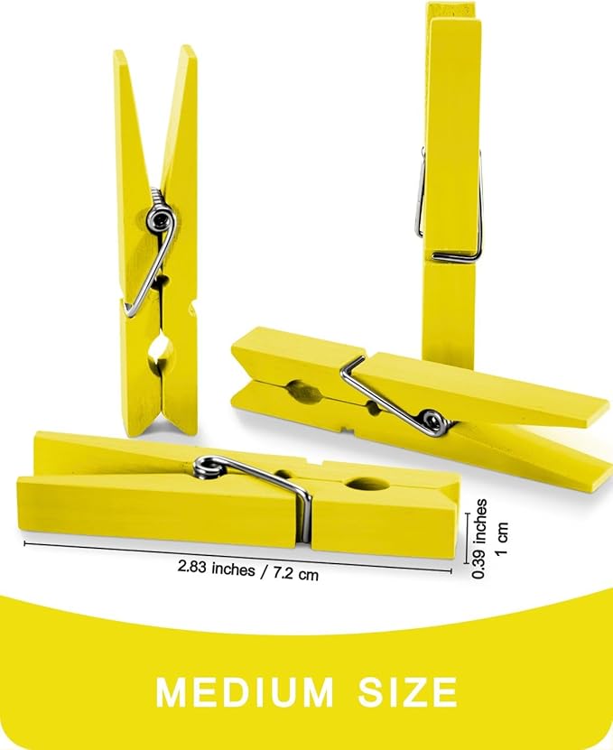 Colored Clothespins, Colorful Clothes Pins Wooden Clips Rainbow Colors 50 Pack Decorative Crafts Pegs Photos Pictures Decoration Clip Clothing Hanging Closepins, 2.83 Inch (Yellow)