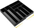 1 Pcs Acrylic Desk Drawer Organizer 9'' up to 18'' x 15'' x 2.1'' Expandable Drawer Organizer Trays with 7 Adjustable Compartments Black Desk Accessories for Makeup Office Bathroom