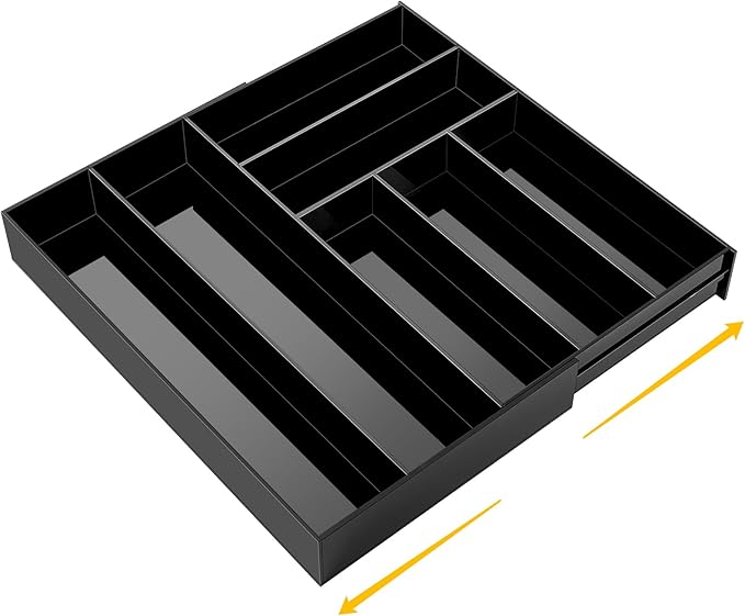 1 Pcs Acrylic Desk Drawer Organizer 9'' up to 18'' x 15'' x 2.1'' Expandable Drawer Organizer Trays with 7 Adjustable Compartments Black Desk Accessories for Makeup Office Bathroom