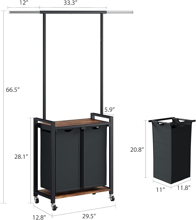 2-Section Rolling Laundry Sorter Cart with Hanging Rod & Utility Shelf, Large Capacity Lockable Wheels Laundry Hamper Basket Organizer for Laundry Room, Bathroom, Bedroom - Rustic Black