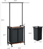 2 Section Rolling Laundry Cart with Hanging Rack & Utility Shelf, Laundry Sorter Hamper with Lockable Wheels, Removable Bags, Bedroom, Laundry Room, Bathroom Organizer