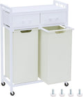 Laundry Hamper, Laundry Sorter 2 Section, Rolling Laundry Basket with Wheels, 2 Drawers, 2 × 14.5 Gal (55 L), Pull-Out and Removable Oxford Fabric Bags, White and Beige