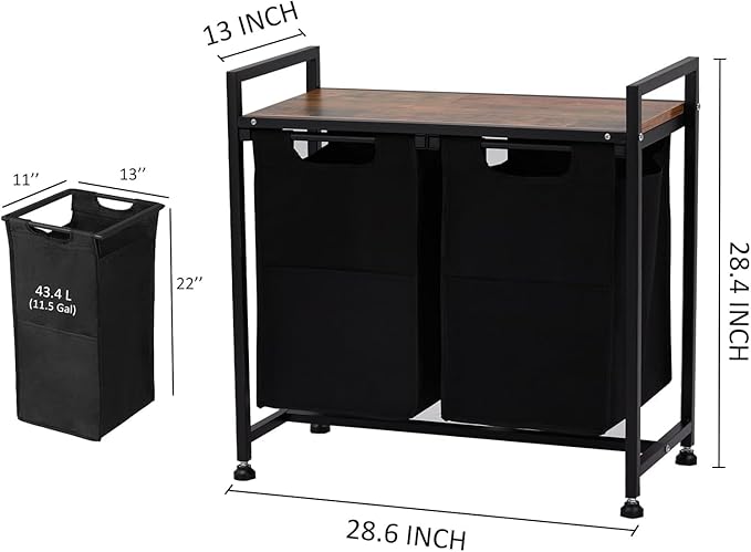 Laundry Sorter Basket with 2 Compartments & Detachable Liners, 2 x 12.1 Gal, Pull-Out Oxford Fabric Bins with Ventilated Shelf for Bathroom/Laundry Room Organization