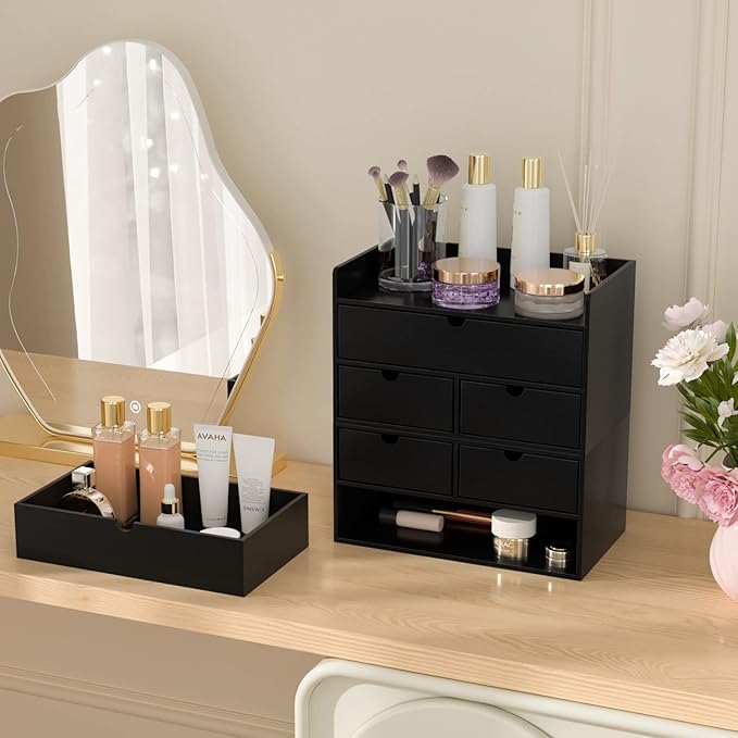 Wisuce Bamboo Desk Organizer - Mini Bamboo Desk Drawer Tabletop Cosmetic Storage Organization for Office or Home Black with Shelf