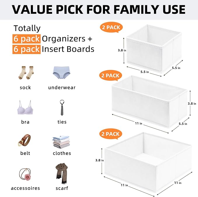 Criusia Drawer Organizer Clothes 6 Pack White- Dresser Organizer Bins for Closet Bedroom - Baby Clothes Organizers and Storage for Nursery Organization -Sock Underwear Drawer Organizer Divider