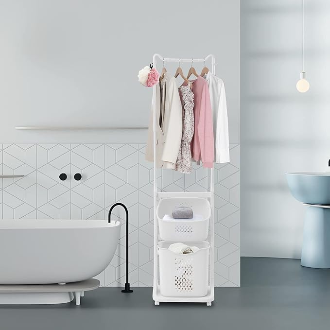 Laundry Sorter Cart with Hanging Rack, 2 Section Laundry Hamper Rack Shelf, Multi-layer Rolling Laundry Basket Clothes Storage Shelf Stand with Wheels, for Bathroom Household Kitchen, White