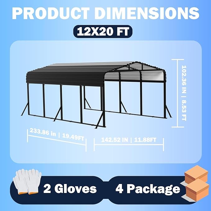 12X20 FT Metal Carport, Heavy Duty Cart Ports with Reinforced Galvanized Carports, Outdoor Weather Resistant Carport Canopy, Upgrade Car Port for Boats, Cars, Trucks, and Tractors